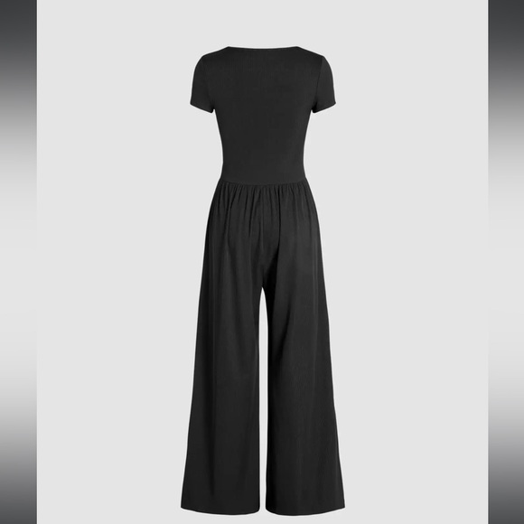 CIDER SCOOP NECK SHORT SLEEVE WIDE LEG RIBBED JUMPSUIT SZ M BLACK W/ POCKETS - Picture 2 of 11
